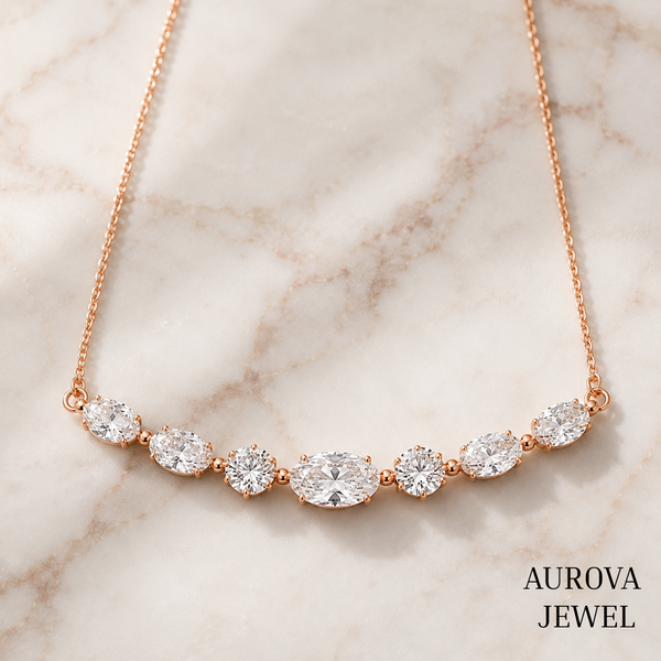 Oval Diamond Necklace, 14K Solid Gold Seven Stone Pendant, Graduated Bridal Jewelry, Minimalist Anniversary Gift for Her