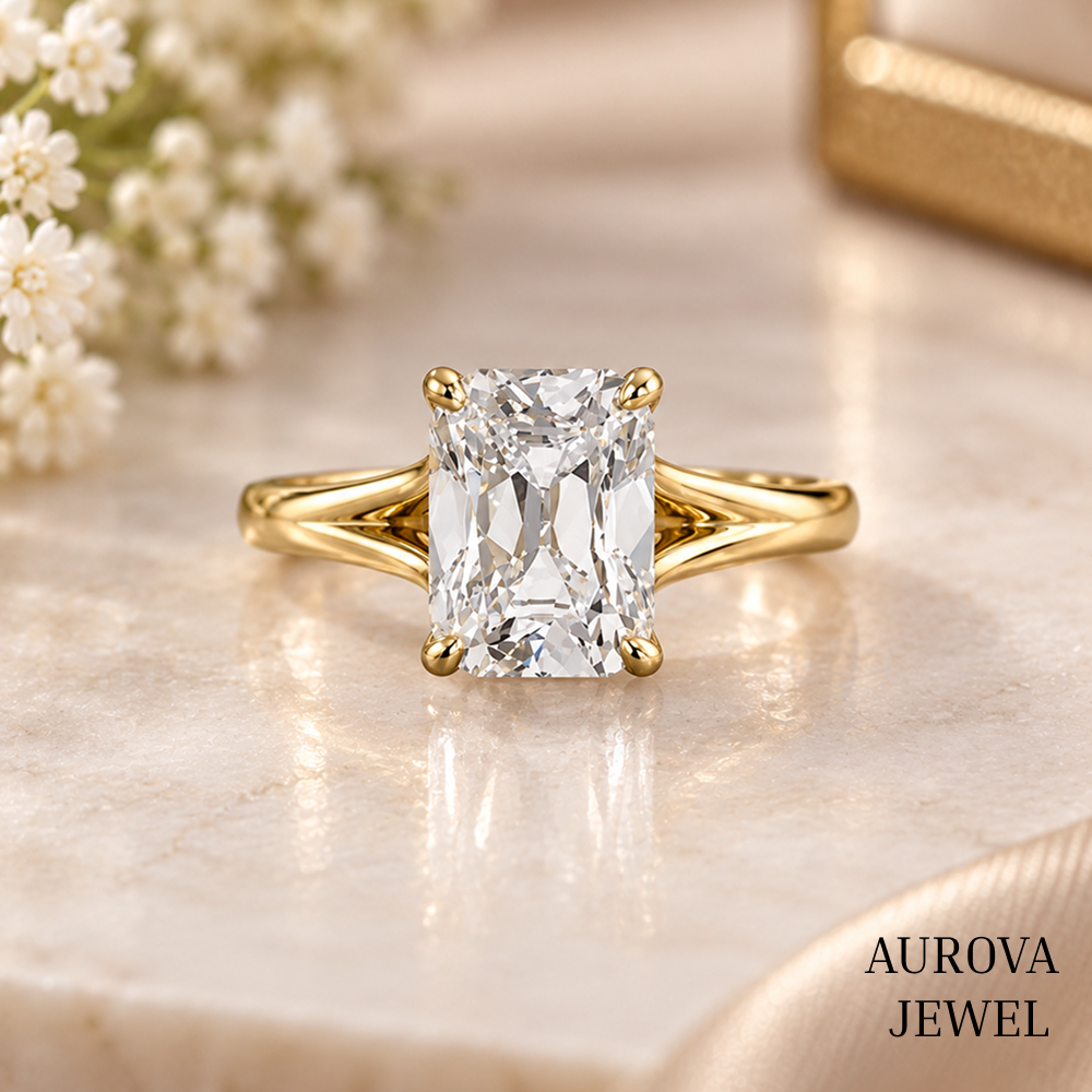 Radiant Cut Solitaire Engagement Ring, 14K Yellow Gold Split Shank Ring, Minimalist Bridal Jewelry, Anniversary Gift for Her Main image