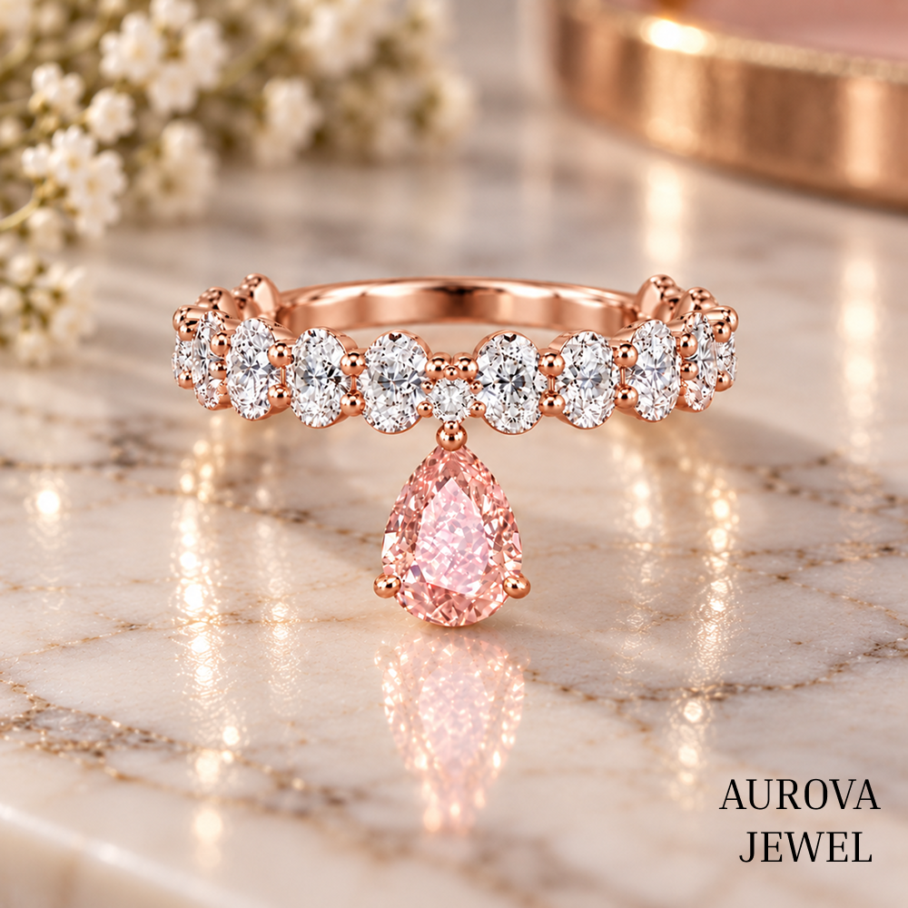 Pink Pear Diamond Ring, 14K Solid Gold Dangle Ring, Oval & Round Stones, Unique Bridal Jewelry, Anniversary Gift for Her