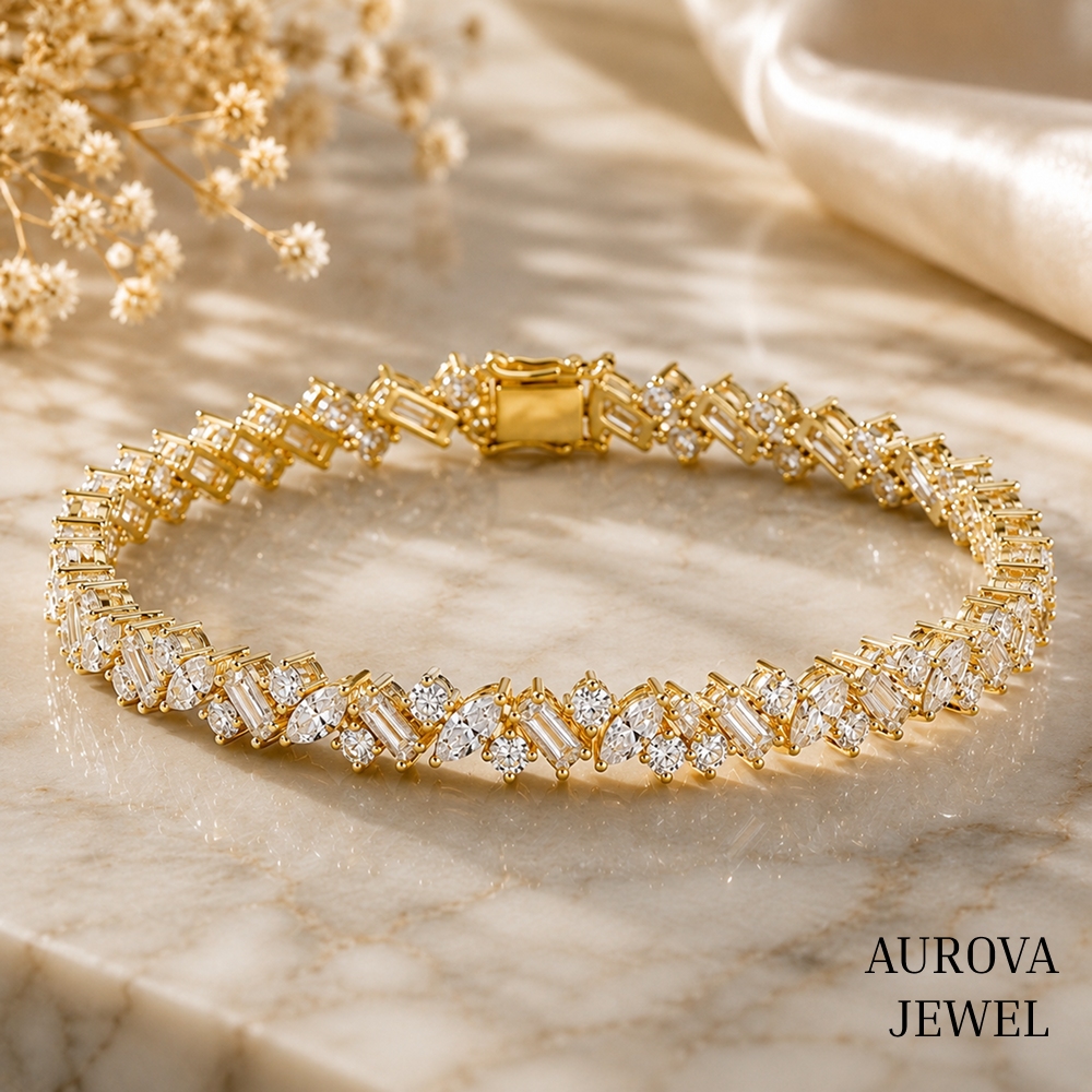 Mixed Cut Diamond Tennis Bracelet, 14K Solid Gold, Marquise Baguette & Round Stones, Bridal Jewelry, Anniversary Gift for Her