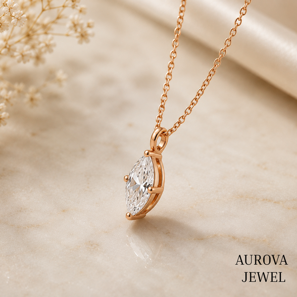 Marquise Diamond Necklace, 14K Solid Gold Solitaire Pendant, Minimalist Bridal Jewelry, Dainty Anniversary Gift for Her