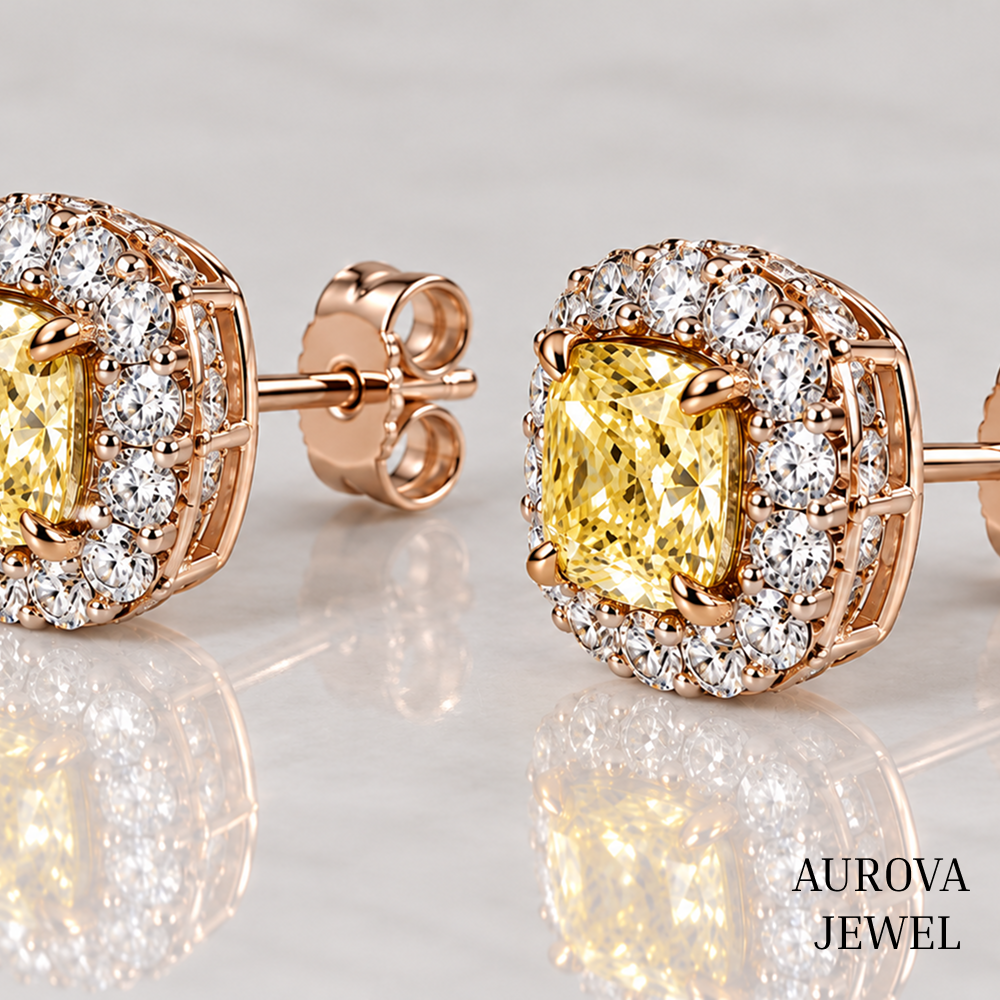 Yellow Cushion Diamond Stud Earrings, Halo Setting, 14K Solid Gold Bridal Jewelry, Luxury Anniversary Gift for Her, Wedding Earrings