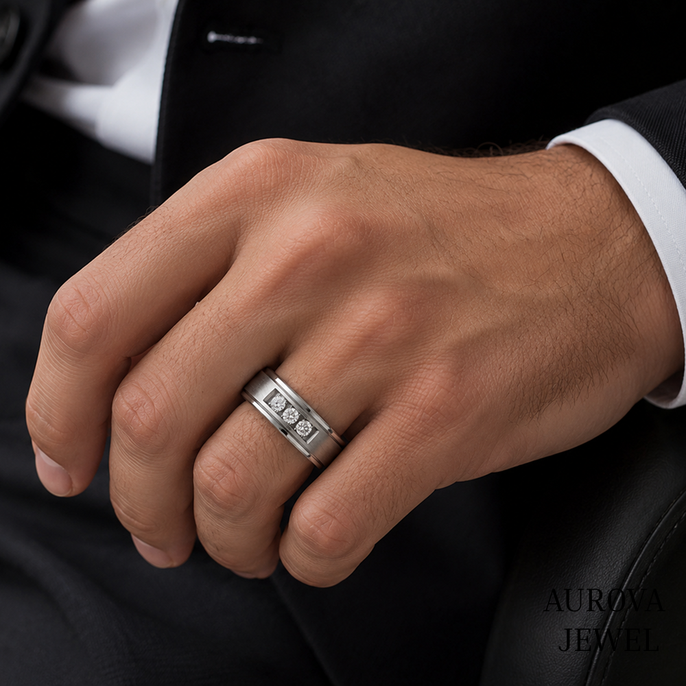 Men's 3 Stone Diamond Ring, Round Cut Diamond Wedding Band, Solid Gold Men's Engagement Ring, Anniversary Gift for Husband