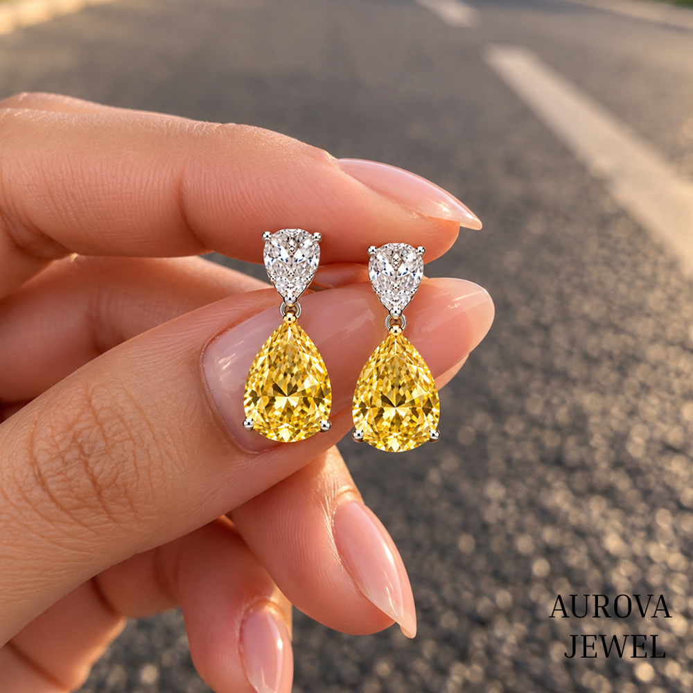 Yellow Pear Cut Drop Earrings, 14K Gold Dangle Earrings, Two Stone Bridal Jewelry, Elegant Wedding Gift for Her