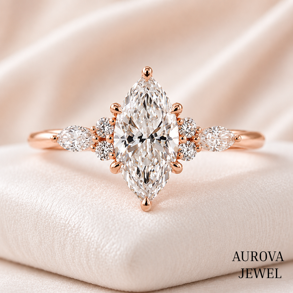 Marquise Diamond Engagement Ring, 14K Solid Gold Cluster Setting, Pear Side Stones, Unique Bridal Jewelry, Anniversary Gift for Her