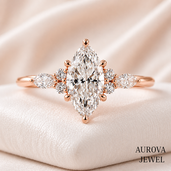 Marquise Diamond Engagement Ring, 14K Solid Gold Cluster Setting, Pear Side Stones, Unique Bridal Jewelry, Anniversary Gift for Her
