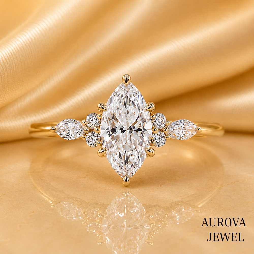 Marquise Diamond Engagement Ring, 14K Solid Gold Cluster Setting, Pear Side Stones, Unique Bridal Jewelry, Anniversary Gift for Her