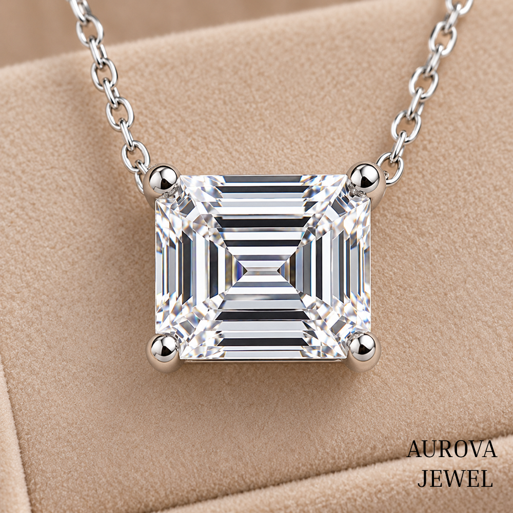 Asscher Cut Solitaire Necklace, Silver Square Pendant, Dainty White Gemstone Necklace, Minimalist Bridal Jewelry Gift for Her