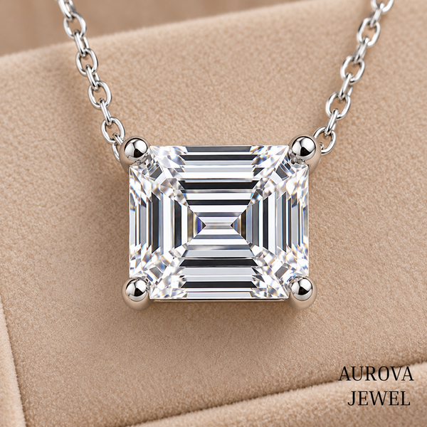 Asscher Cut Solitaire Necklace, Silver Square Pendant, Dainty White Gemstone Necklace, Minimalist Bridal Jewelry Gift for Her