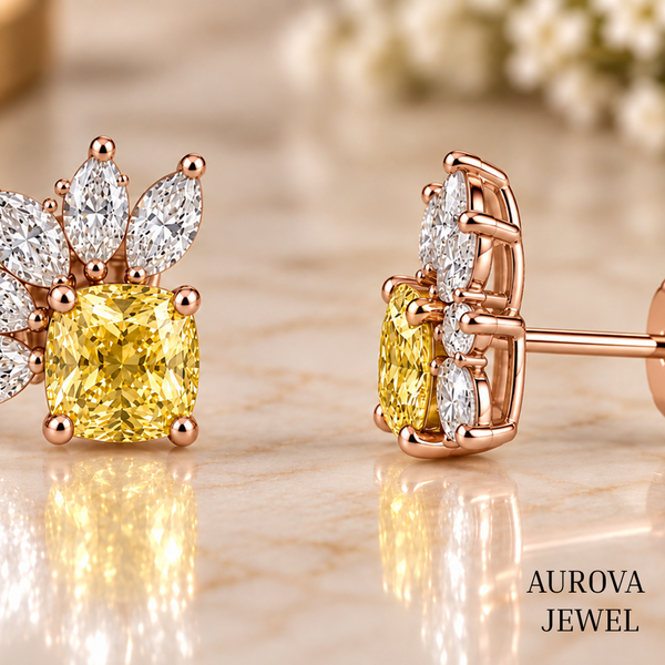 Yellow Cushion Diamond Stud Earrings, Marquise Cluster Floral Studs, 14K Gold Bridal Jewelry, Anniversary Gift for Her