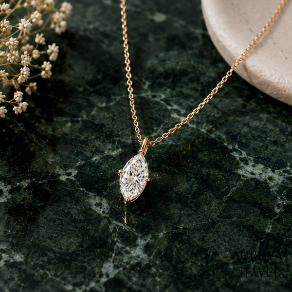 Marquise Diamond Necklace, 14K Solid Gold Solitaire Pendant, Minimalist Bridal Jewelry, Dainty Anniversary Gift for Her