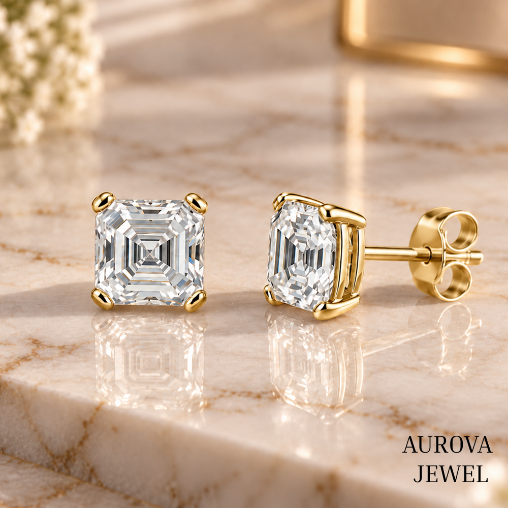 Asscher Cut Diamond Stud Earrings, 14K White Gold Solitaire Studs, Minimalist Bridal Jewelry, Gift for Her