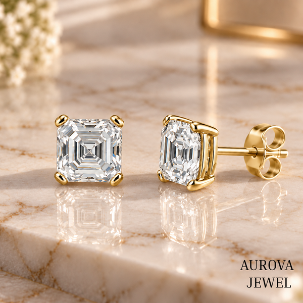 Asscher Cut Diamond Stud Earrings, 14K White Gold Solitaire Studs, Minimalist Bridal Jewelry, Gift for Her