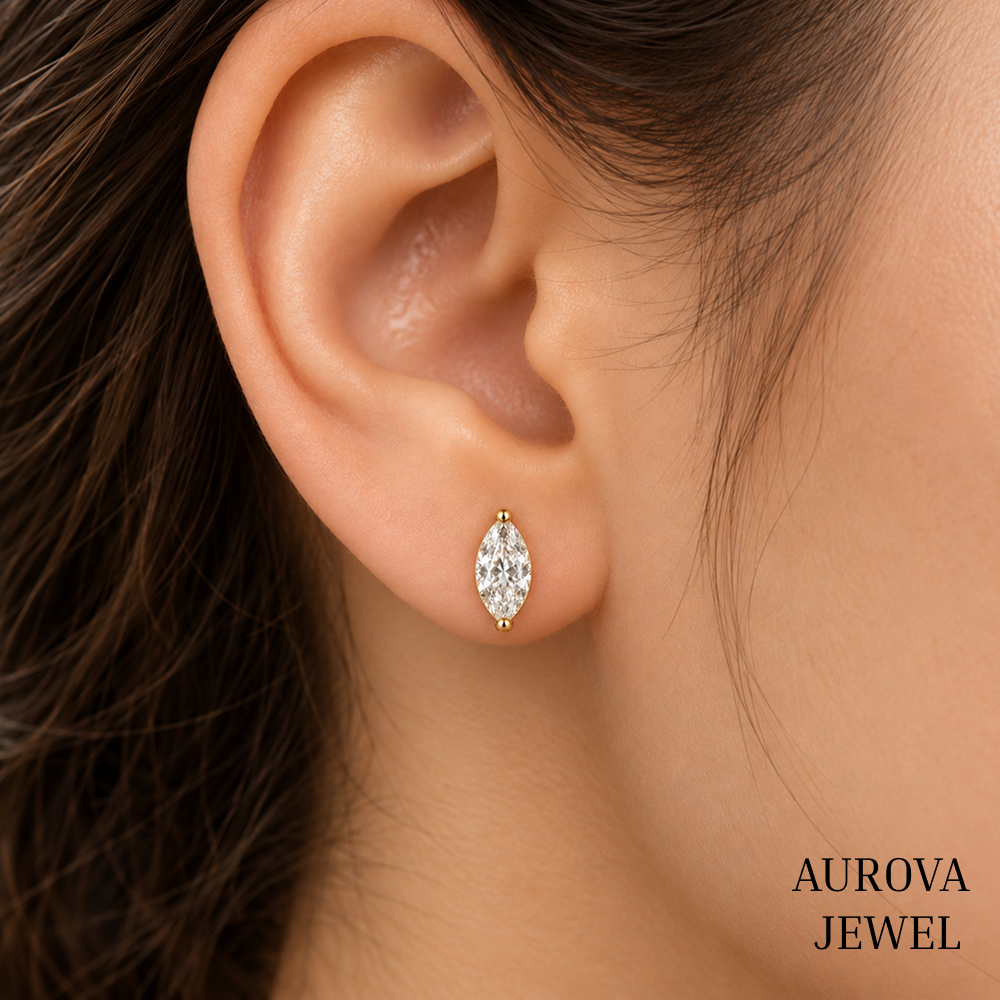 Marquise Diamond Stud Earrings, 14K Solid Gold Solitaire Studs, Minimalist Bridal Jewelry, Anniversary Gift Secondary image