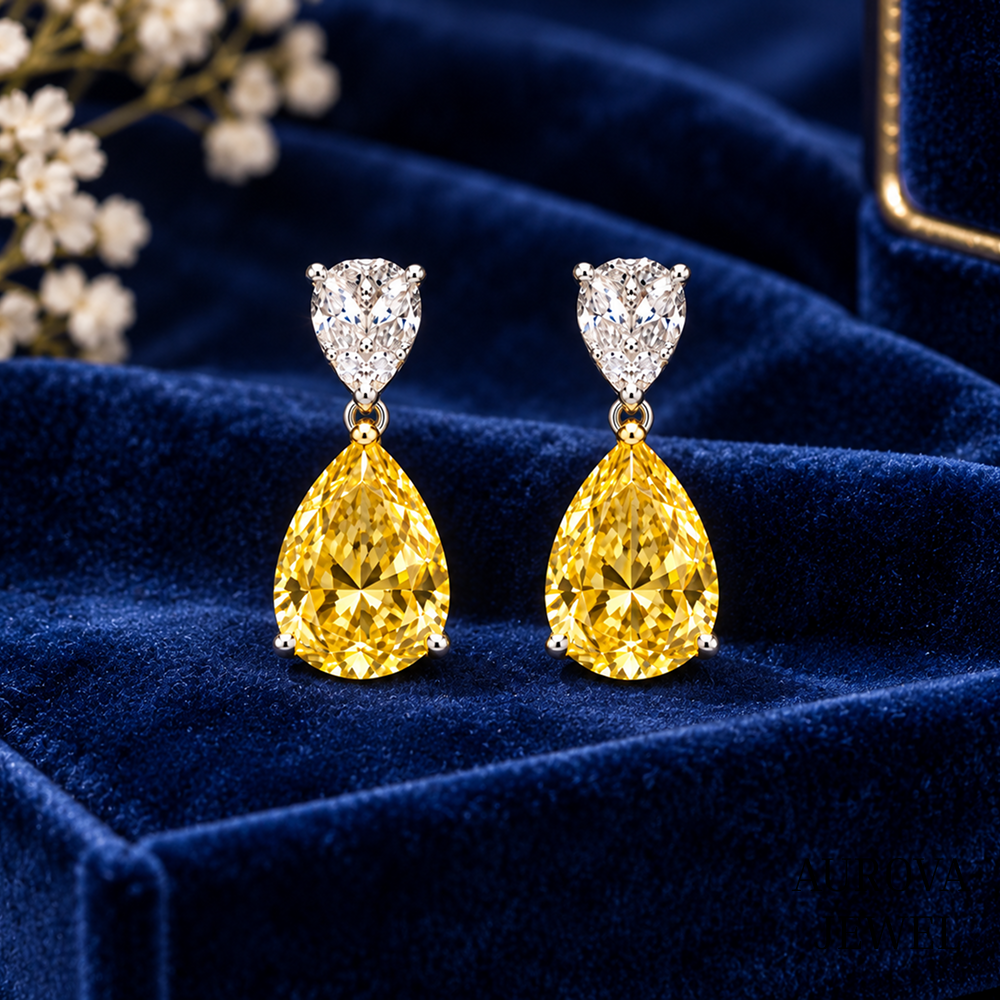 Yellow Pear Cut Drop Earrings, 14K Gold Dangle Earrings, Two Stone Bridal Jewelry, Elegant Wedding Gift for Her