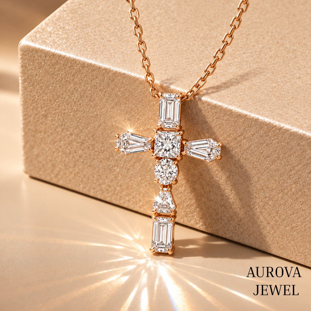 Cross Pendant Necklace, Mixed Cut White Gemstone Cross, Rose Gold Necklace, Christian Jewelry, Religious Gift for Her