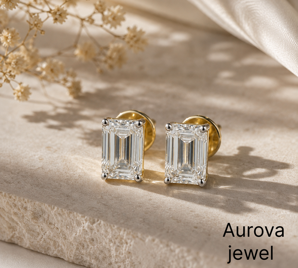Emerald Cut Diamond Stud Earrings | Elegant Rectangle Diamond Earrings