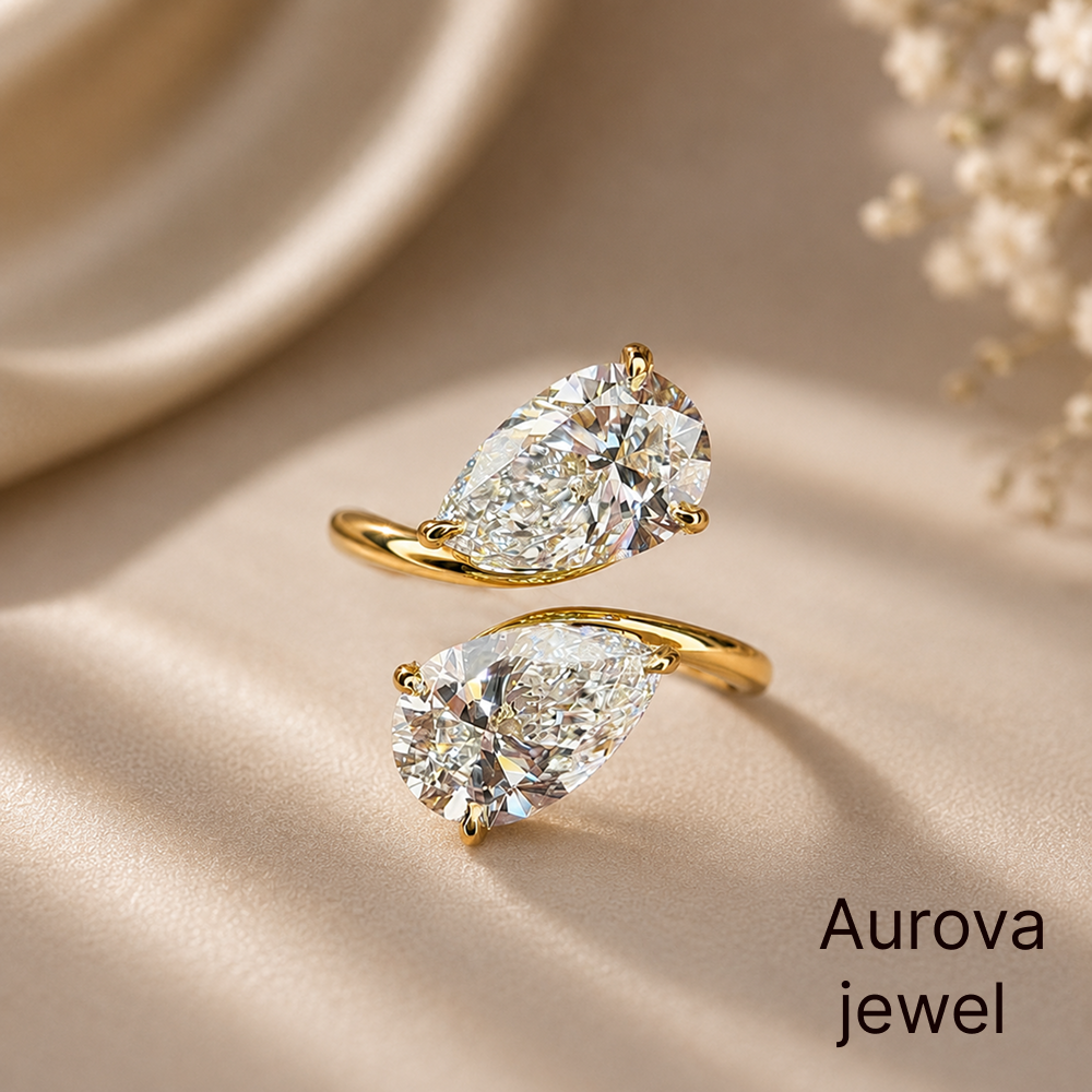 Pear Shaped Diamond Bypass Ring | Two Stone Gold Ring | Aurova Jewel Main image