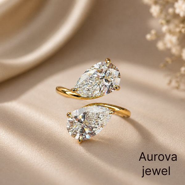 Pear Shaped Diamond Bypass Ring | Two Stone Gold Ring | Aurova Jewel