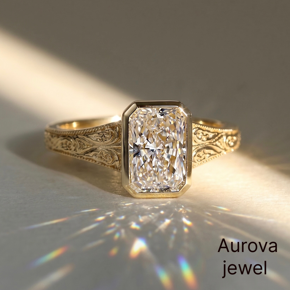 Cushion Cut Diamond Vintage Ring | Engraved Gold Ring | Aurova Jewel Secondary image