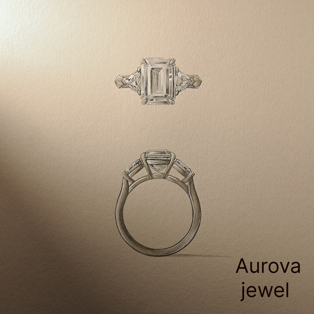 Emerald Cut Three Stone Diamond Ring with Trapezoid Side Stones | Aurova Jewel