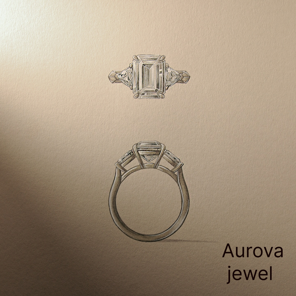 Emerald Cut Three Stone Diamond Ring with Trapezoid Side Stones | Aurova Jewel