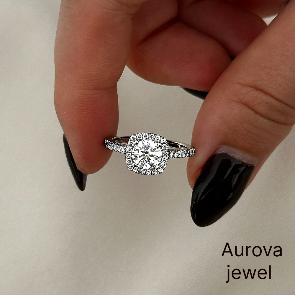 Round Cut Halo Diamond Engagement Ring with Pavé Band | Cushion Halo Bridal Ring