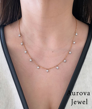 Floating Diamond Station Necklace | Princess Cut Diamond Necklace | 14K Gold Minimalist Necklace Main image