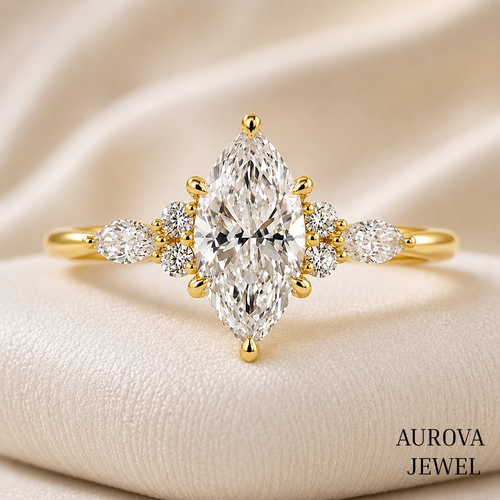 Marquise Diamond Engagement Ring, 14K Solid Gold Cluster Setting, Pear Side Stones, Unique Bridal Jewelry, Anniversary Gift for Her