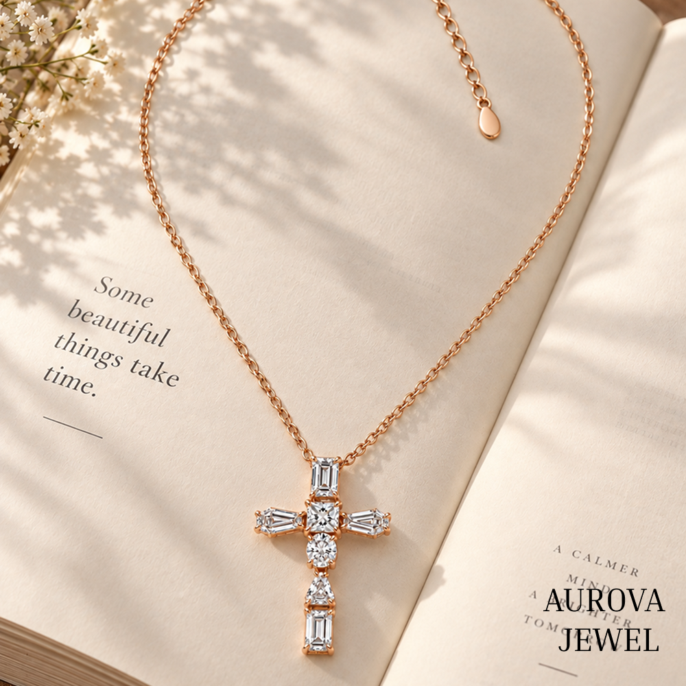 Cross Pendant Necklace, Mixed Cut White Gemstone Cross, Rose Gold Necklace, Christian Jewelry, Religious Gift for Her