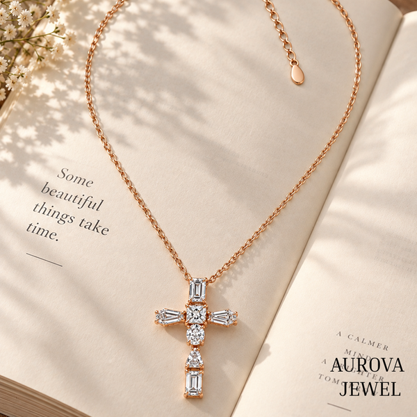Cross Pendant Necklace, Mixed Cut White Gemstone Cross, Rose Gold Necklace, Christian Jewelry, Religious Gift for Her
