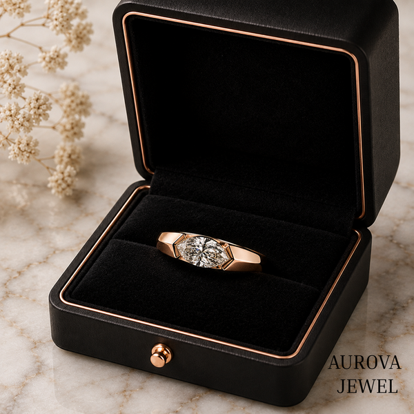 East West Marquise Diamond Ring, 14K Solid Gold Bezel Solitaire, Minimalist Engagement Jewelry, Anniversary Gift for Her