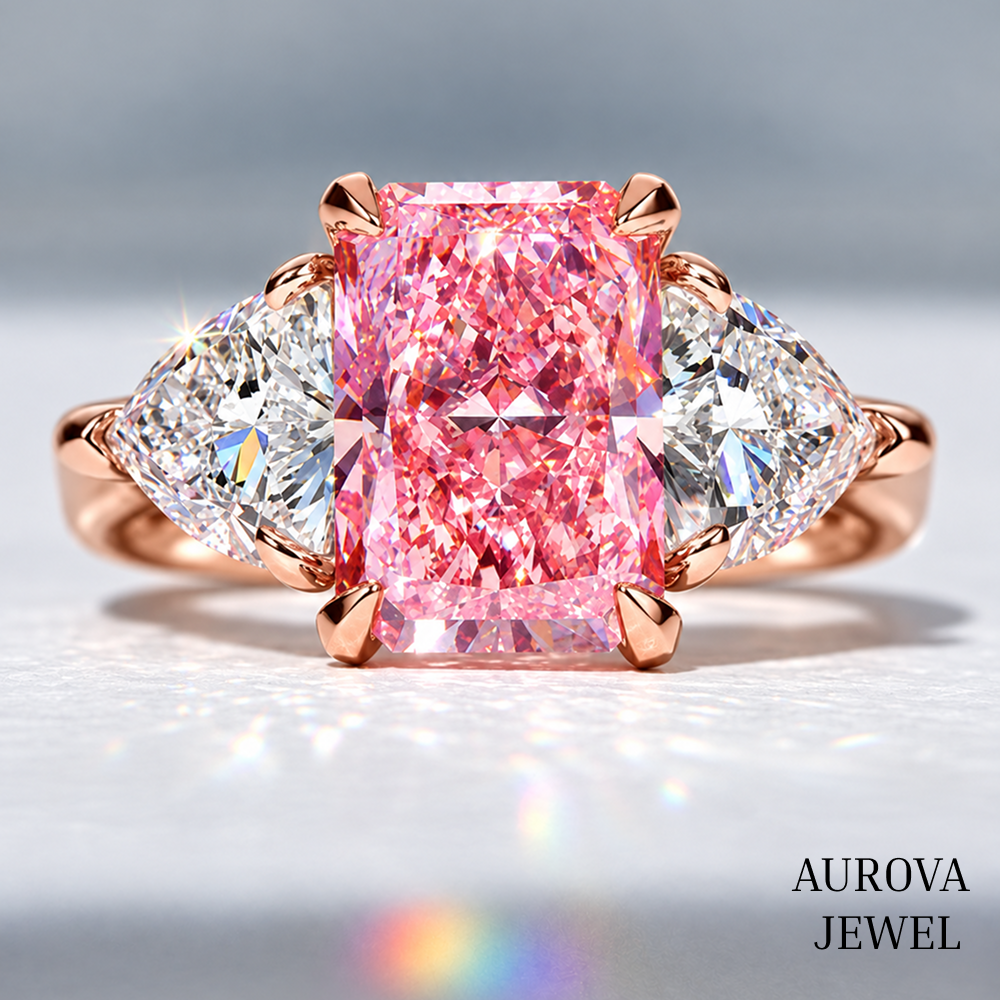 Pink Radiant Cut Engagement Ring, Three Stone Diamond Ring, Pear Side Stones, Unique Bridal Gift for Her