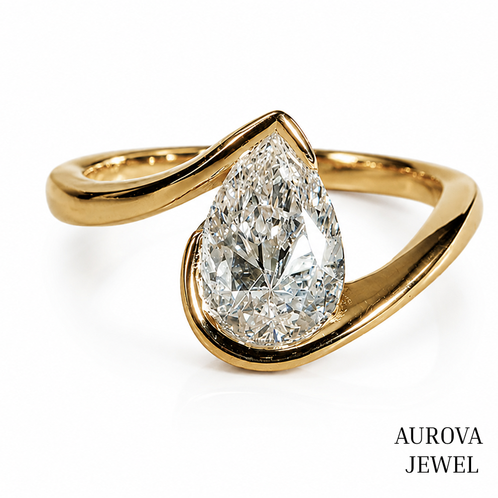Pear Diamond Engagement Ring, 14K Solid Gold Bezel Solitaire, Modern Bypass Bridal Jewelry, Unique Anniversary Gift for Her