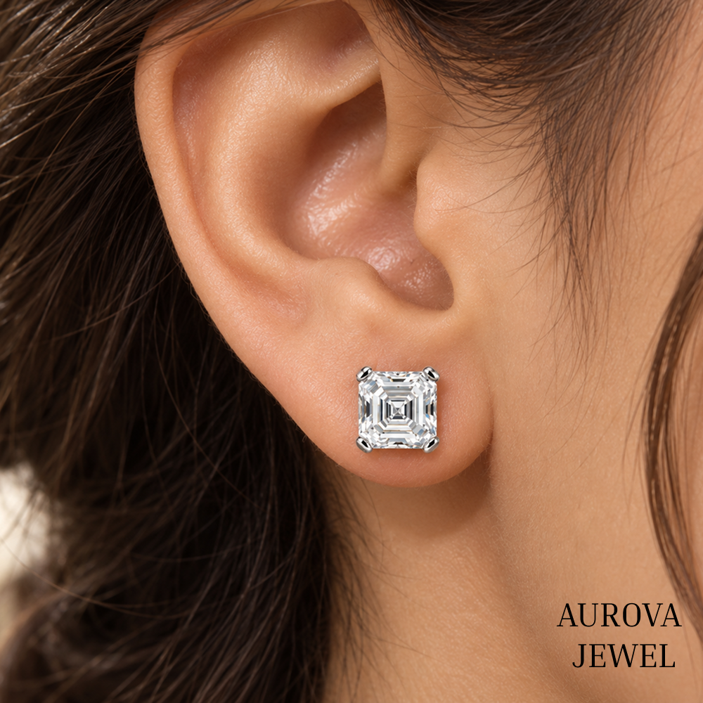 Asscher Cut Diamond Stud Earrings, 14K White Gold Solitaire Studs, Minimalist Bridal Jewelry, Gift for Her Secondary image