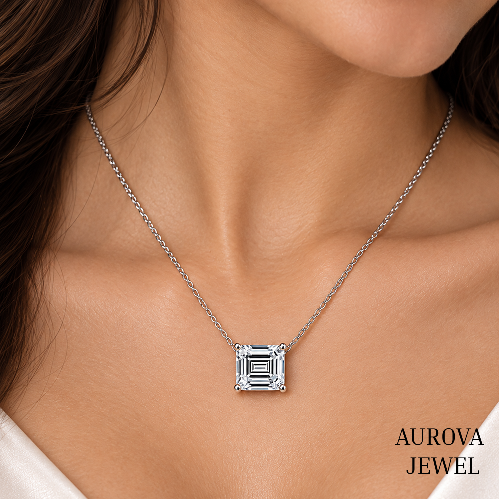 Asscher Cut Solitaire Necklace, Silver Square Pendant, Dainty White Gemstone Necklace, Minimalist Bridal Jewelry Gift for Her