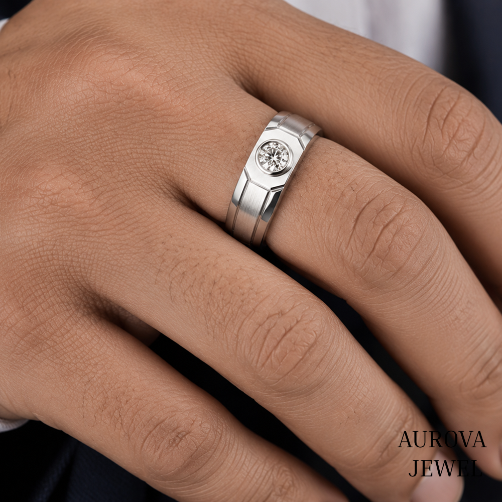 Men's Diamond Ring, Round Cut Bezel Diamond Ring, Solid Gold Wedding Band, Men's Engagement Ring, Anniversary Gift for Husband
