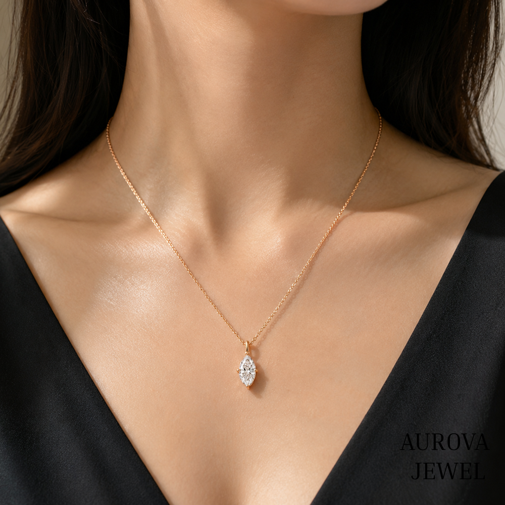 Marquise Diamond Necklace, 14K Solid Gold Solitaire Pendant, Minimalist Bridal Jewelry, Dainty Anniversary Gift for Her