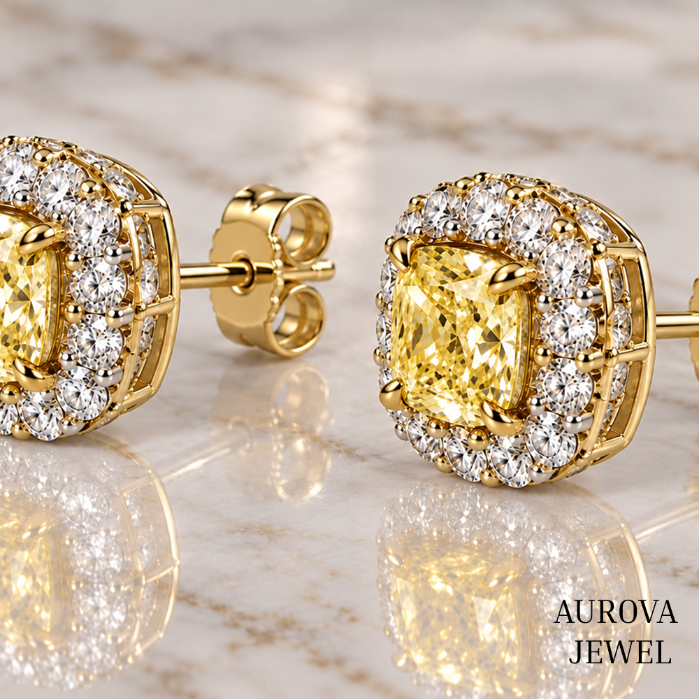 Yellow Cushion Diamond Stud Earrings, Halo Setting, 14K Solid Gold Bridal Jewelry, Luxury Anniversary Gift for Her, Wedding Earrings