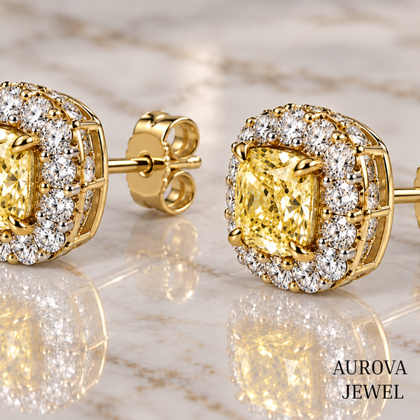 Yellow Cushion Diamond Stud Earrings, Halo Setting, 14K Solid Gold Bridal Jewelry, Luxury Anniversary Gift for Her, Wedding Earrings