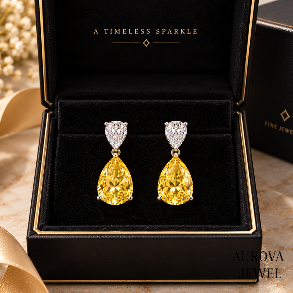 Yellow Pear Cut Drop Earrings, 14K Gold Dangle Earrings, Two Stone Bridal Jewelry, Elegant Wedding Gift for Her