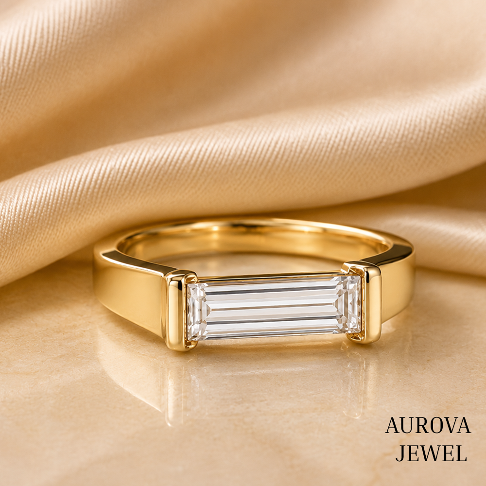 Baguette Cut Diamond Ring in Yellow Gold | Minimalist East-West Bezel Engagement Ring Main image