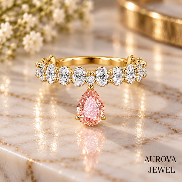 Pink Pear Diamond Ring, 14K Solid Gold Dangle Ring, Oval & Round Stones, Unique Bridal Jewelry, Anniversary Gift for Her