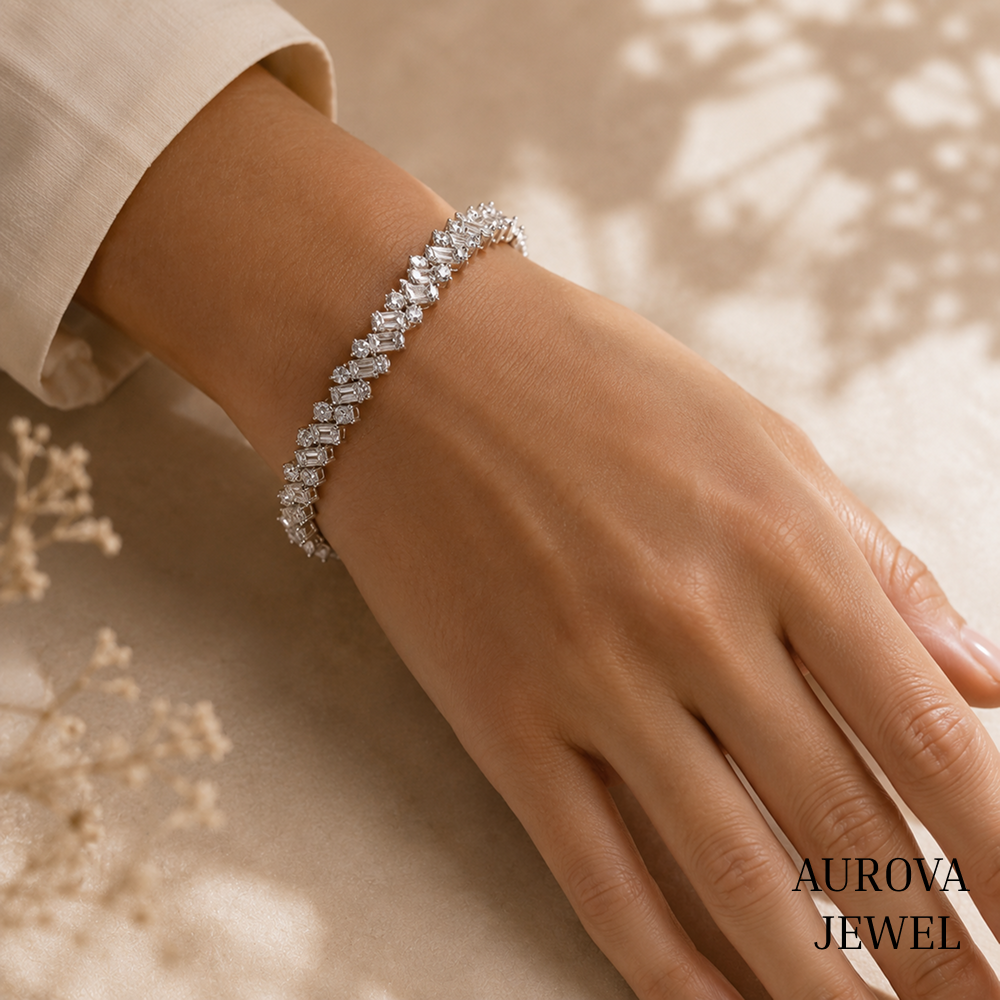 Mixed Cut Diamond Tennis Bracelet, 14K Solid Gold, Marquise Baguette & Round Stones, Bridal Jewelry, Anniversary Gift for Her