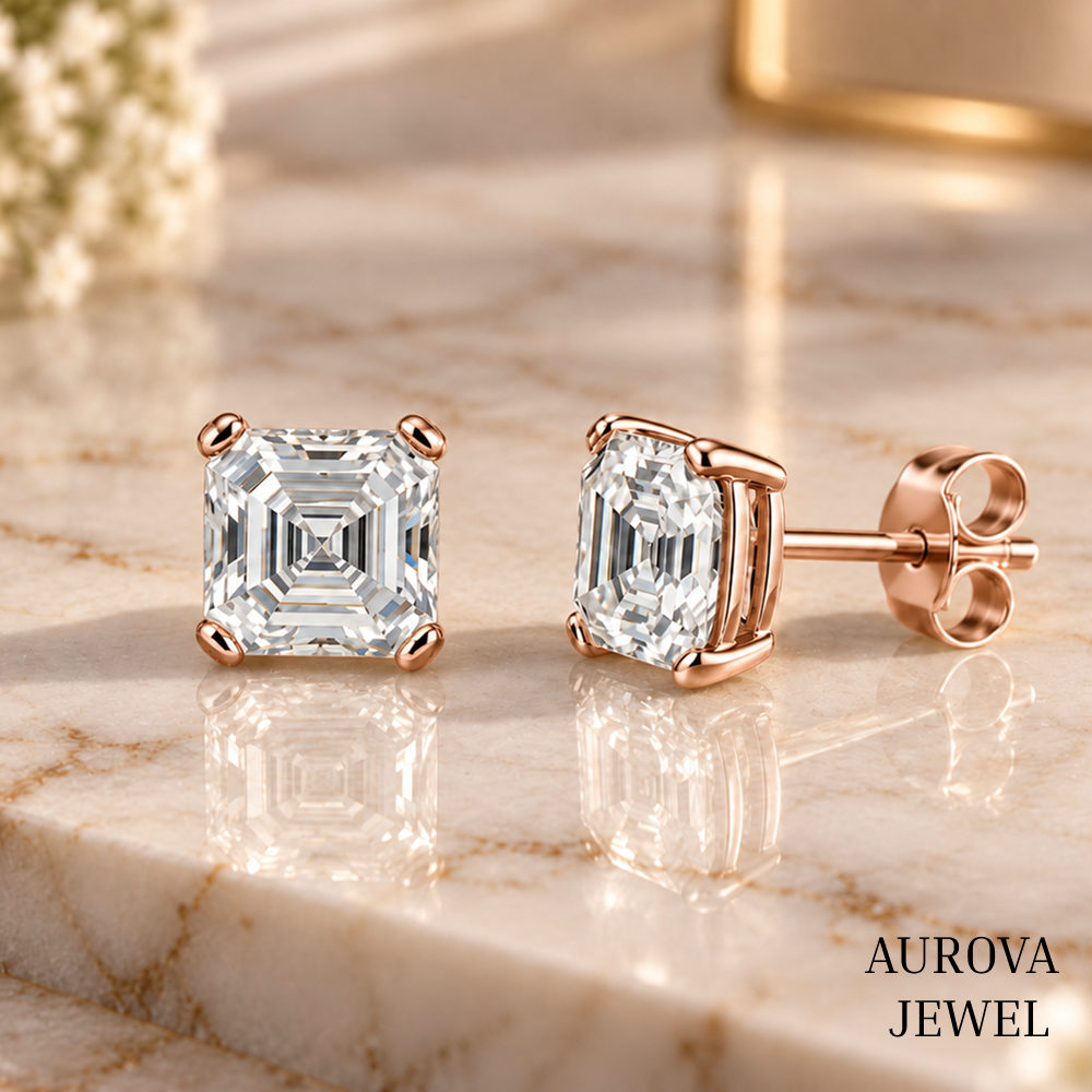 Asscher Cut Diamond Stud Earrings, 14K White Gold Solitaire Studs, Minimalist Bridal Jewelry, Gift for Her