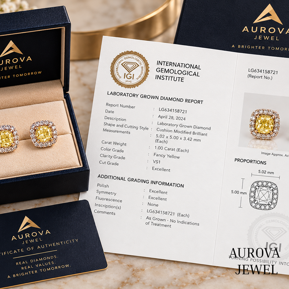Yellow Cushion Diamond Stud Earrings, Halo Setting, 14K Solid Gold Bridal Jewelry, Luxury Anniversary Gift for Her, Wedding Earrings