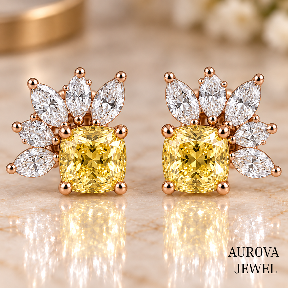 Yellow Cushion Diamond Stud Earrings, Marquise Cluster Floral Studs, 14K Gold Bridal Jewelry, Anniversary Gift for Her