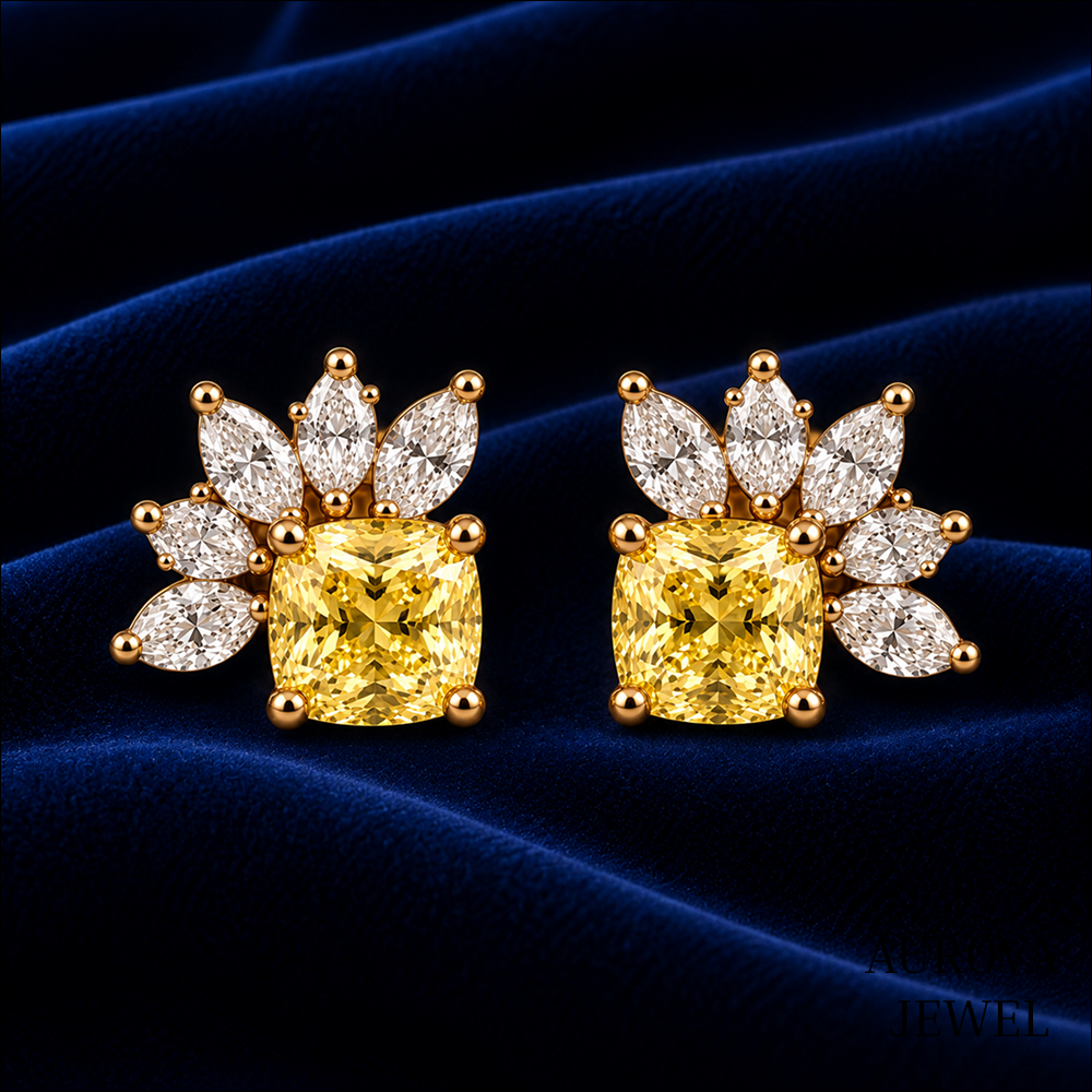 Yellow Cushion Diamond Stud Earrings, Marquise Cluster Floral Studs, 14K Gold Bridal Jewelry, Anniversary Gift for Her