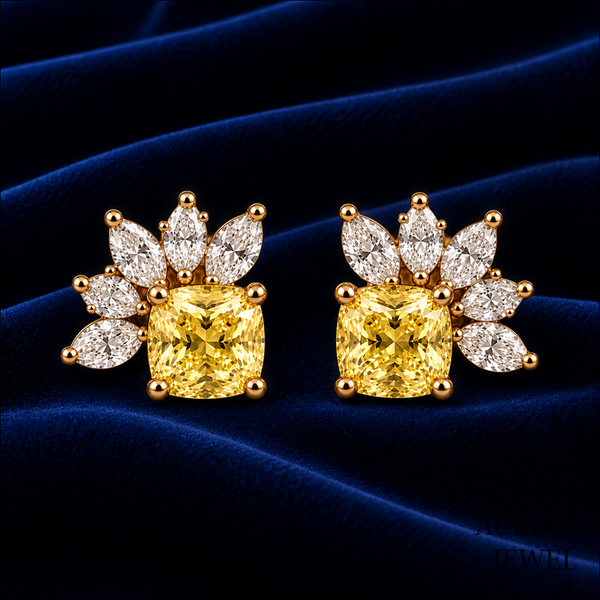 Yellow Cushion Diamond Stud Earrings, Marquise Cluster Floral Studs, 14K Gold Bridal Jewelry, Anniversary Gift for Her