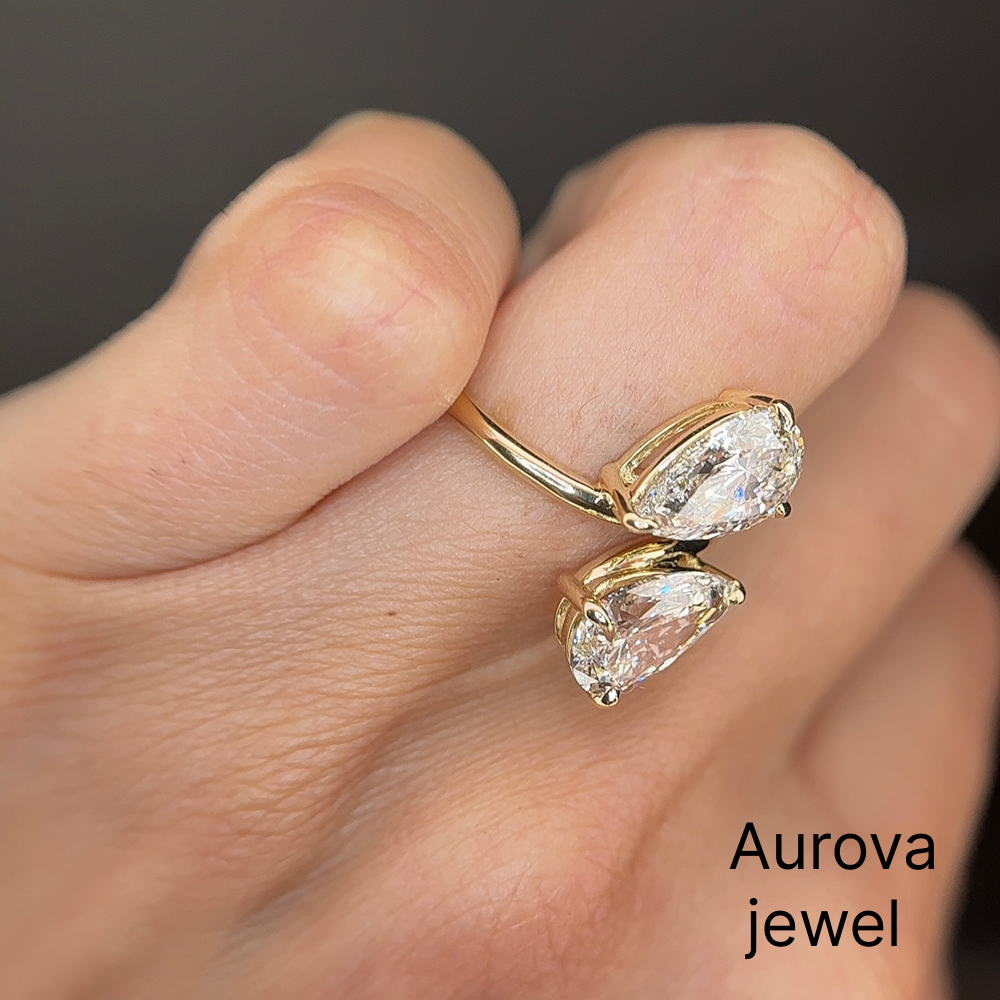 Pear Shaped Diamond Bypass Ring | Two Stone Gold Ring | Aurova Jewel